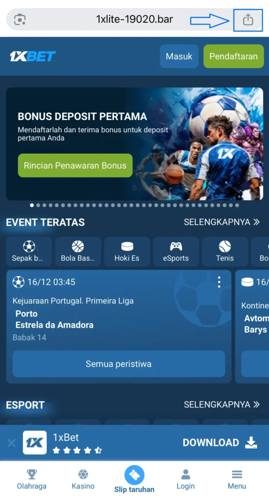 Buka Chrome, masuk situs 1xBet. Tap icon Share (kotak dengan panah ke atas).